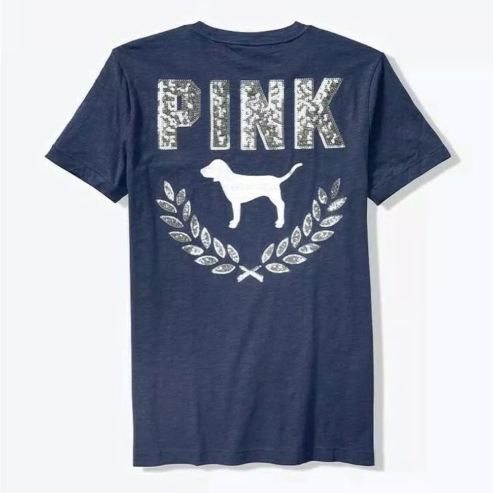 💕Victoria's Secret PINK Campus Tee - Sequin Logo Front & Back - XS Oversized Tee